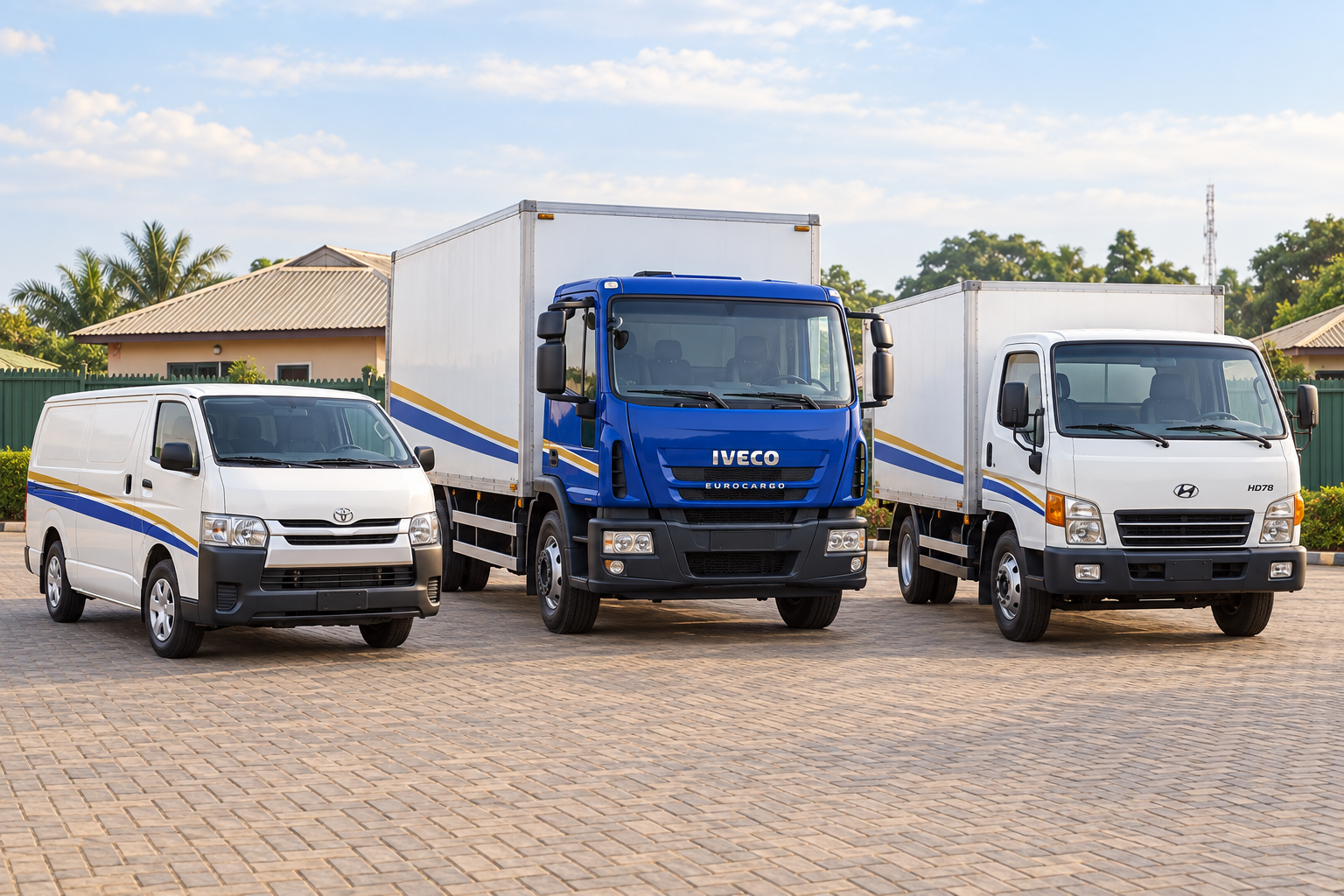 Illustrative Toyota Hiace, Iveco and Hyundai delivery fleet in a Nigerian yard